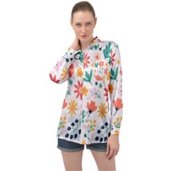 Flat Colorful Flowers Leaves Background Long Sleeve Satin Shirt