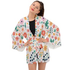 Flat Colorful Flowers Leaves Background Long Sleeve Kimono by Vaneshart