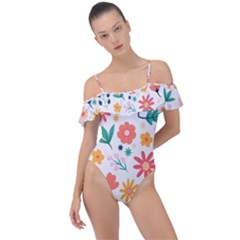 Flat Colorful Flowers Leaves Background Frill Detail One Piece Swimsuit by Vaneshart