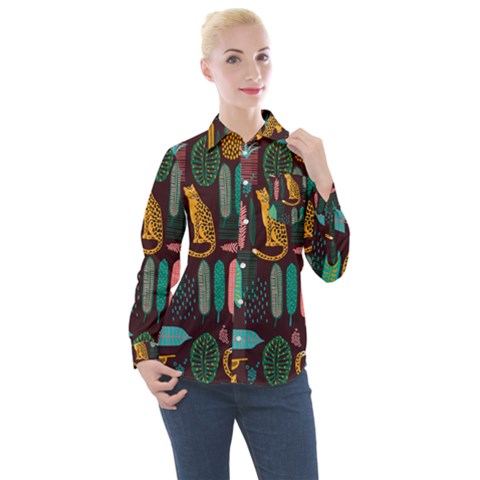 Vector Seamless Pattern With Leopards Women s Long Sleeve Pocket Shirt by Vaneshart