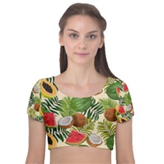 Tropical Pattern Background Velvet Short Sleeve Crop Top  by Vaneshart