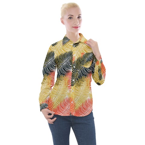 Tropical Seamless Pattern With Exotic Palm Leaves Women s Long Sleeve Pocket Shirt by Vaneshart