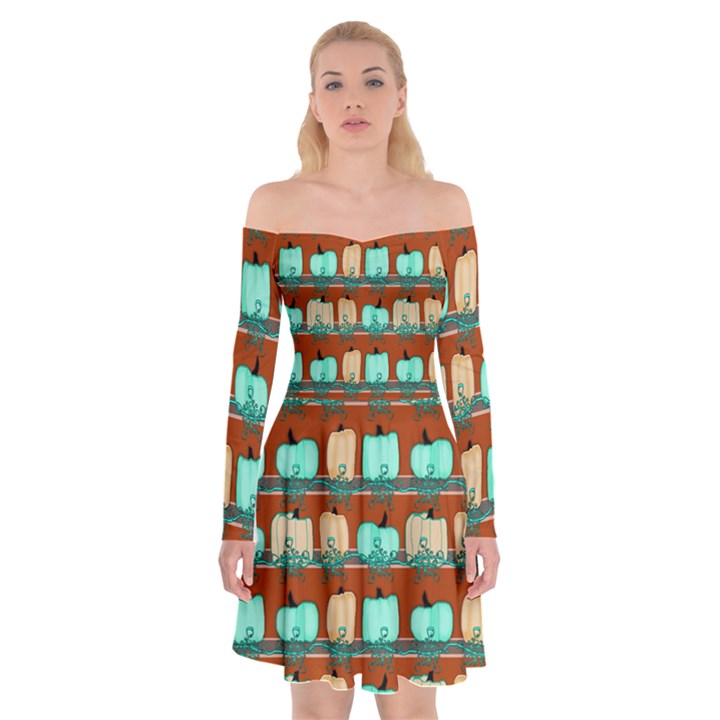 Bluegreen Pumpkins Off Shoulder Skater Dress