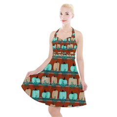 Bluegreen Pumpkins Halter Party Swing Dress  by bloomingvinedesign