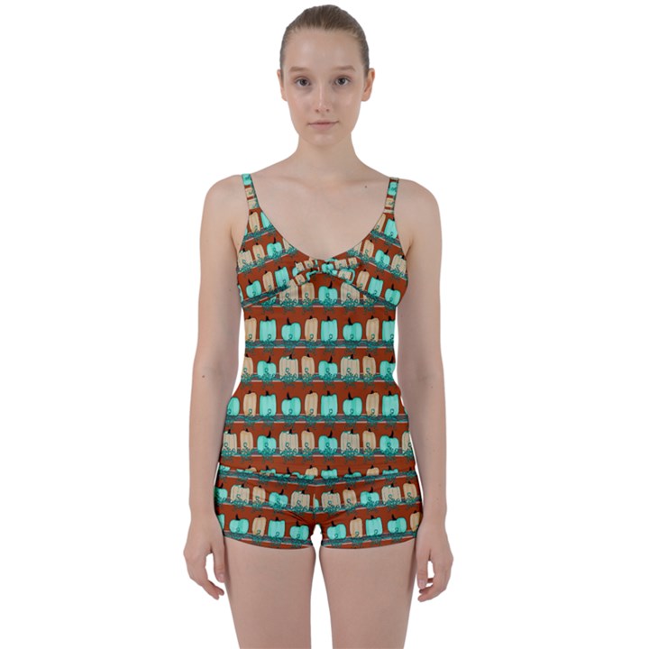 Bluegreen Pumpkins Tie Front Two Piece Tankini