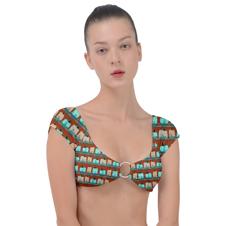 Bluegreen Pumpkins Cap Sleeve Ring Bikini Top