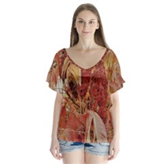 Autumn Colors Leaf Leaves Brown Red V-Neck Flutter Sleeve Top