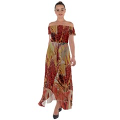 Autumn Colors Leaf Leaves Brown Red Off Shoulder Open Front Chiffon Dress