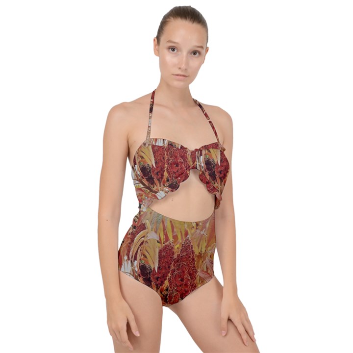 Autumn Colors Leaf Leaves Brown Red Scallop Top Cut Out Swimsuit