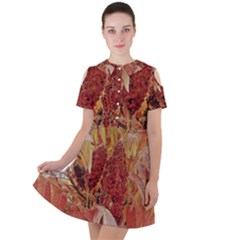 Autumn Colors Leaf Leaves Brown Red Short Sleeve Shoulder Cut Out Dress 