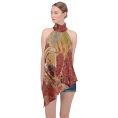 Autumn Colors Leaf Leaves Brown Red Halter Asymmetric Satin Top