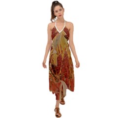 Autumn Colors Leaf Leaves Brown Red Halter Tie Back Dress 