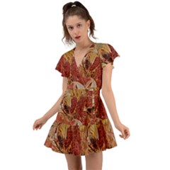 Autumn Colors Leaf Leaves Brown Red Flutter Sleeve Wrap Dress