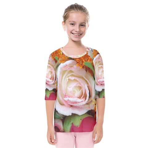 Floral Bouquet Orange Pink Rose Kids  Quarter Sleeve Raglan Tee by yoursparklingshop