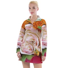 Floral Bouquet Orange Pink Rose Women s Long Sleeve Casual Dress by yoursparklingshop