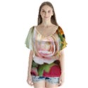 Floral Bouquet Orange Pink Rose V-Neck Flutter Sleeve Top View1