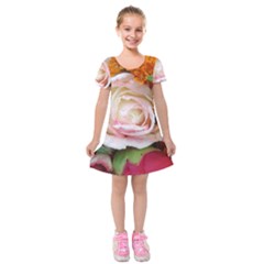 Floral Bouquet Orange Pink Rose Kids  Short Sleeve Velvet Dress by yoursparklingshop