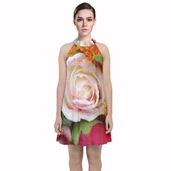 Floral Bouquet Orange Pink Rose Velvet Halter Neckline Dress 