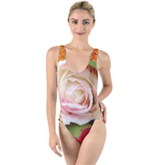 Floral Bouquet Orange Pink Rose High Leg Strappy Swimsuit by yoursparklingshop