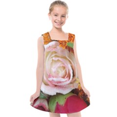 Floral Bouquet Orange Pink Rose Kids  Cross Back Dress by yoursparklingshop