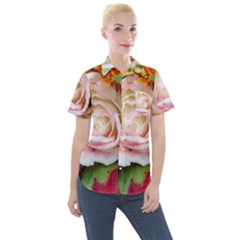 Floral Bouquet Orange Pink Rose Women s Short Sleeve Pocket Shirt