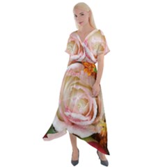 Floral Bouquet Orange Pink Rose Cross Front Sharkbite Hem Maxi Dress