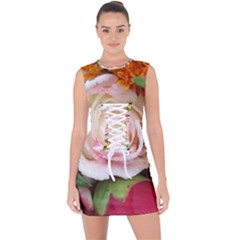 Floral Bouquet Orange Pink Rose Lace Up Front Bodycon Dress