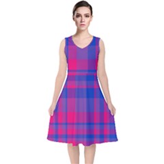 Bisexualplaid V-neck Midi Sleeveless Dress 