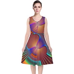 Lines Rays Background Light Rainbow V-neck Midi Sleeveless Dress  by Bajindul