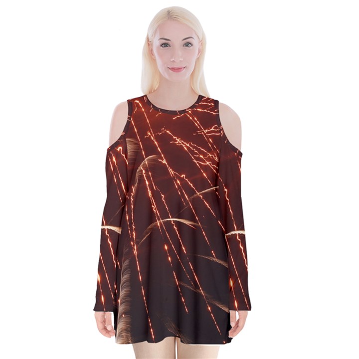 Fireworks Red Orange Yellow Velvet Long Sleeve Shoulder Cutout Dress