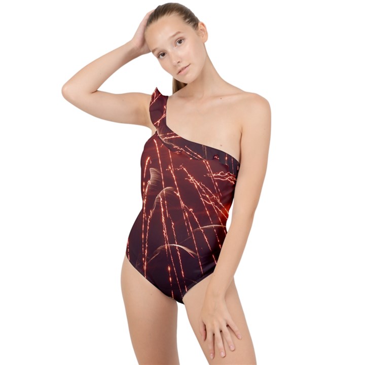 Fireworks Red Orange Yellow Frilly One Shoulder Swimsuit