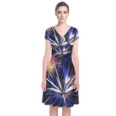 Fireworks Rocket Night Lights Short Sleeve Front Wrap Dress