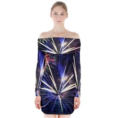 Fireworks Rocket Night Lights Long Sleeve Off Shoulder Dress by HermanTelo