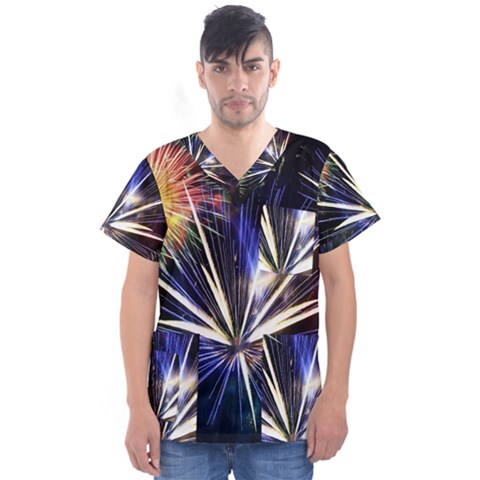 Fireworks Rocket Night Lights Men s V-neck Scrub Top by HermanTelo