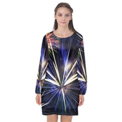 Fireworks Rocket Night Lights Long Sleeve Chiffon Shift Dress 