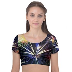 Fireworks Rocket Night Lights Velvet Short Sleeve Crop Top 