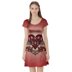 Awesome Heart With Skulls And Wings Short Sleeve Skater Dress by FantasyWorld7