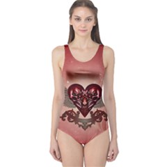 Awesome Heart With Skulls And Wings One Piece Swimsuit by FantasyWorld7