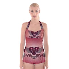 Awesome Heart With Skulls And Wings Boyleg Halter Swimsuit  by FantasyWorld7