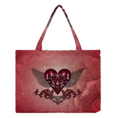 Awesome Heart With Skulls And Wings Medium Tote Bag by FantasyWorld7