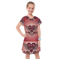 Awesome Heart With Skulls And Wings Kids  Drop Waist Dress by FantasyWorld7