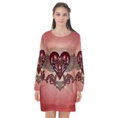 Awesome Heart With Skulls And Wings Long Sleeve Chiffon Shift Dress  by FantasyWorld7