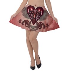 Awesome Heart With Skulls And Wings Velvet Skater Skirt