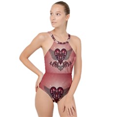 Awesome Heart With Skulls And Wings High Neck One Piece Swimsuit by FantasyWorld7