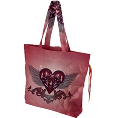 Awesome Heart With Skulls And Wings Drawstring Tote Bag by FantasyWorld7