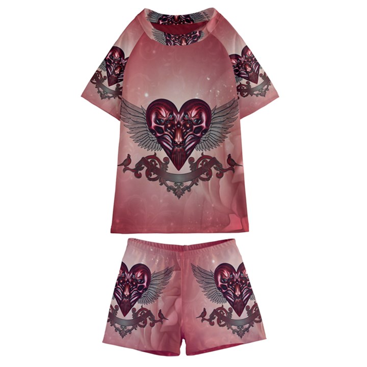 Awesome Heart With Skulls And Wings Kids  Swim Tee and Shorts Set