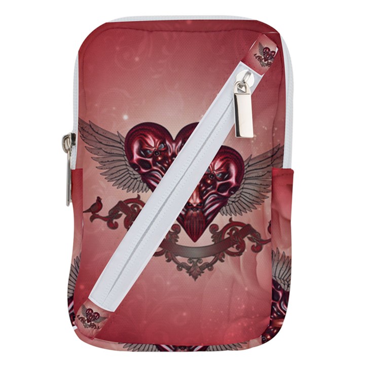 Awesome Heart With Skulls And Wings Belt Pouch Bag (Large)