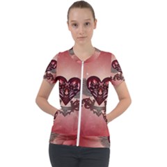 Awesome Heart With Skulls And Wings Short Sleeve Zip Up Jacket by FantasyWorld7