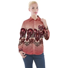 Awesome Heart With Skulls And Wings Women s Long Sleeve Pocket Shirt