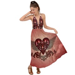 Awesome Heart With Skulls And Wings Backless Maxi Beach Dress